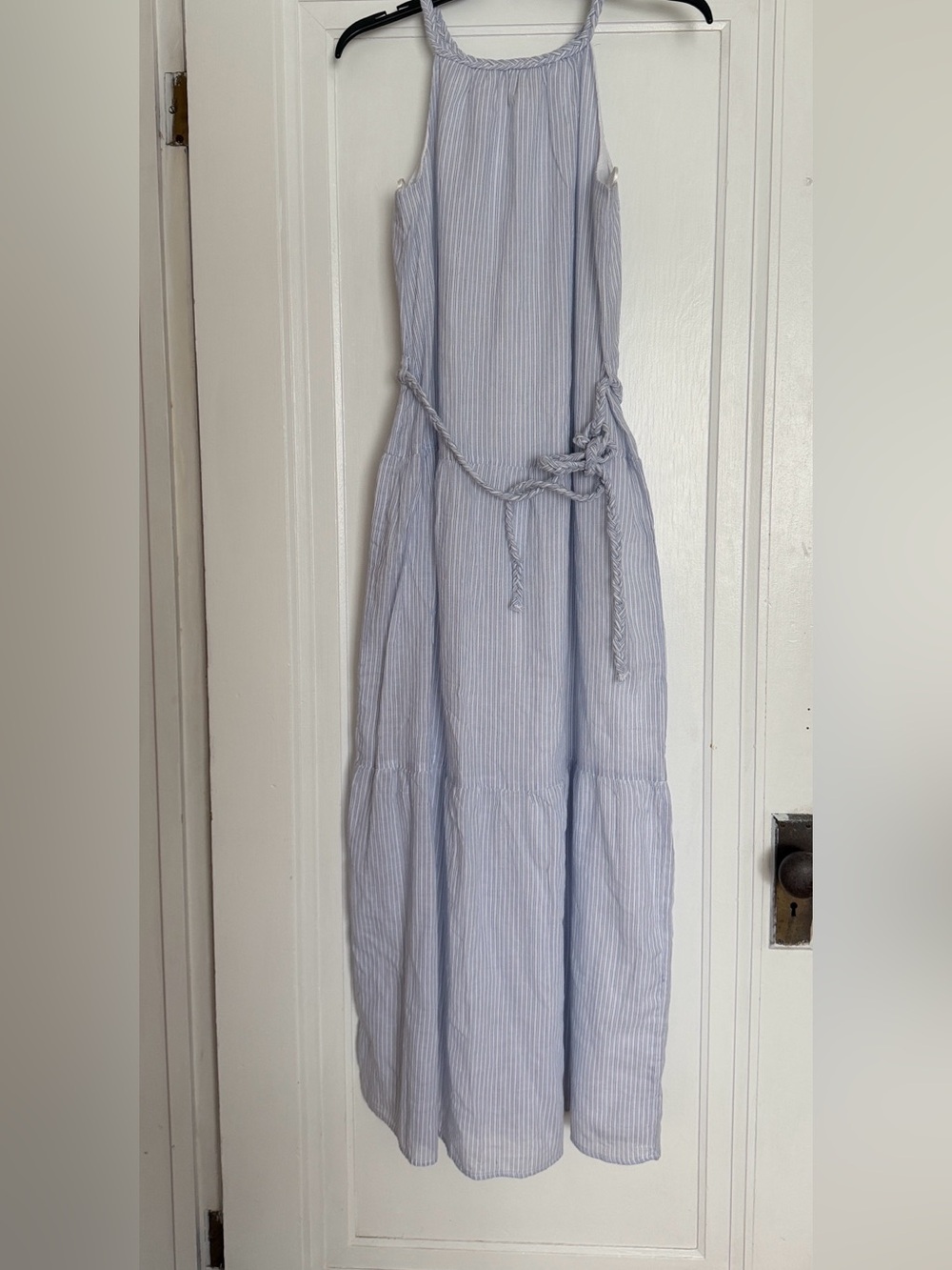 Japna Light Blue & White Striped  Maxi Halter Dress with Tie Waist small